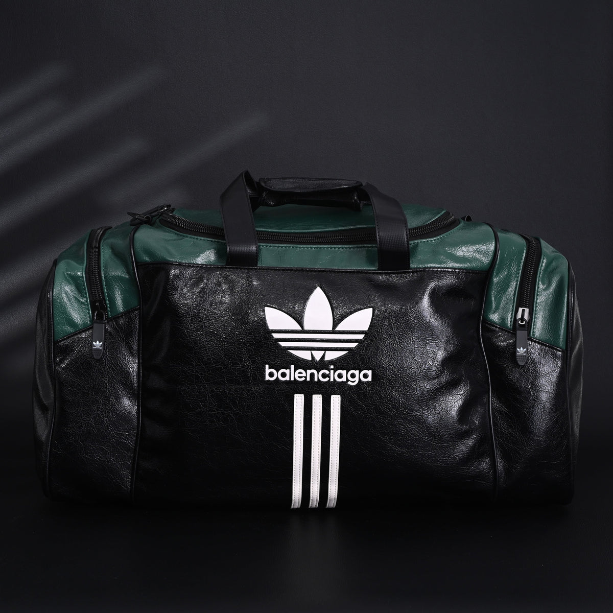Balenciaga x adidas Large Duffel Travel Bag - Black & Green with Trefoil Logo and Triple Stripes