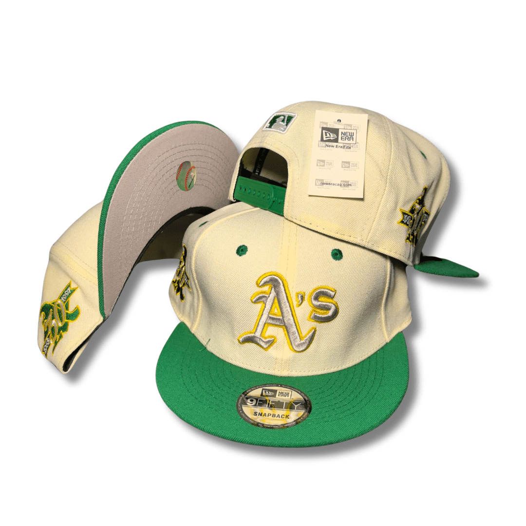 Oakland Athletics Cream and Green with Embroidered Logo and Side Patches Snapback Cap