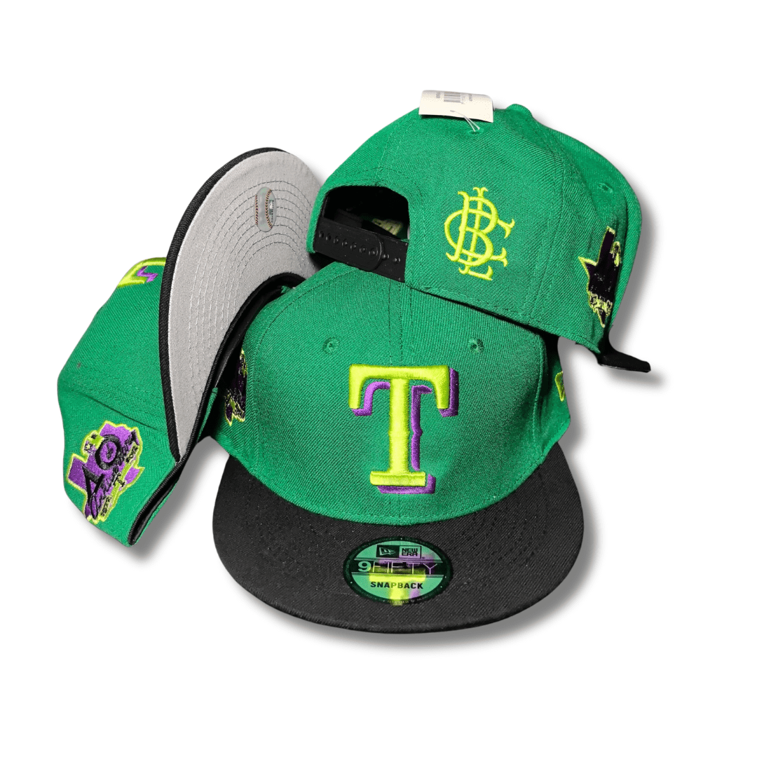 Texas Rangers Green Dual Logo Design with Black Brim and Side Patches Snapback Cap