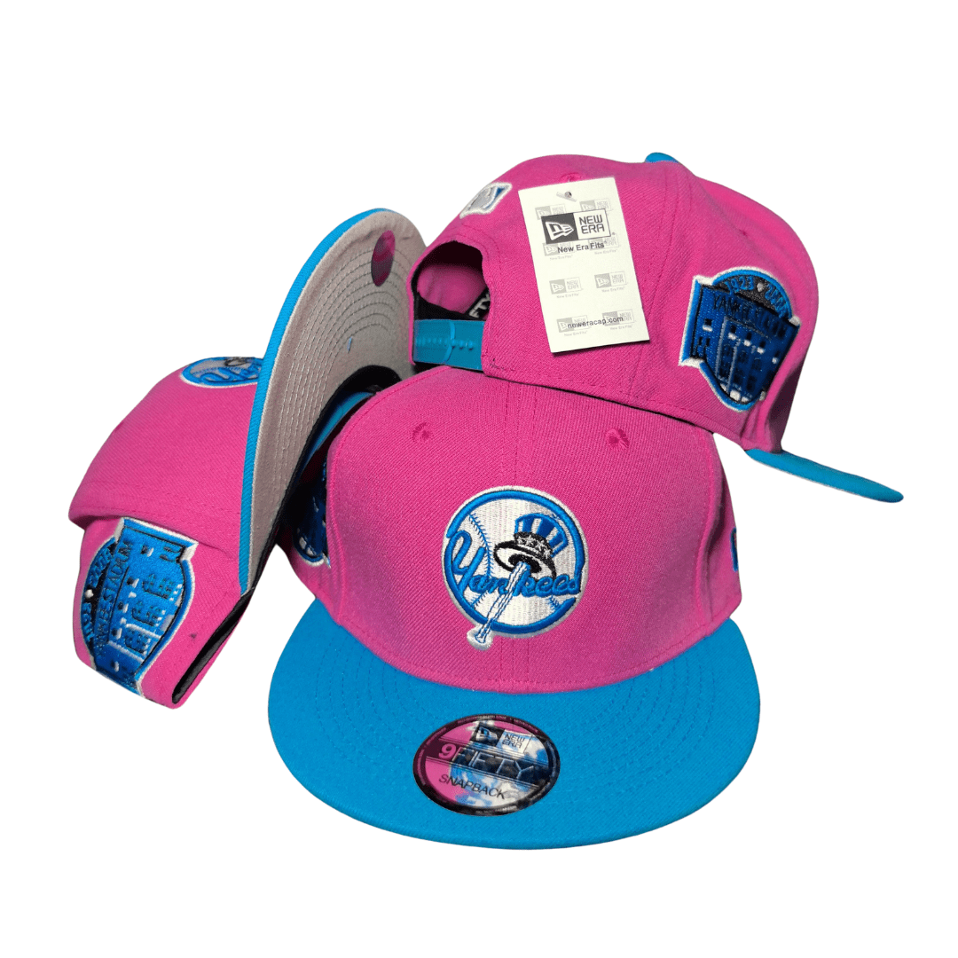 New York Yankees Pink and Blue with Retro Logo and Side Patches Snapback Cap