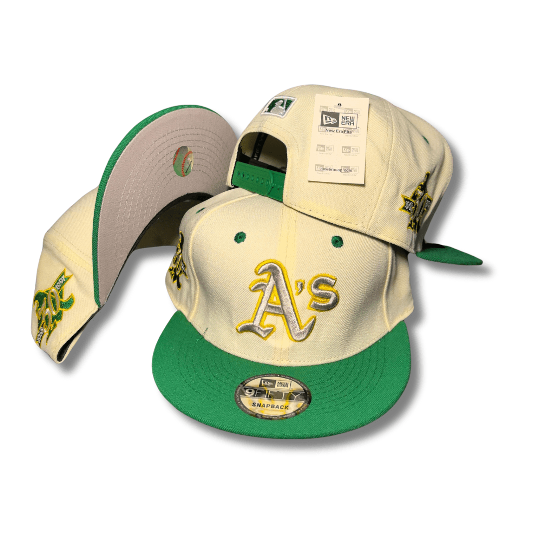 Oakland Athletics Cream and Green with Embroidered Side Patches Snapback Cap