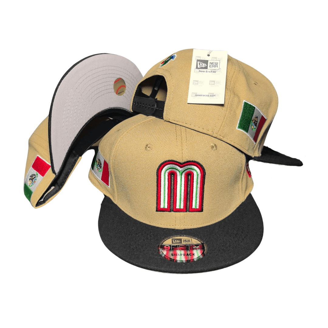 Mexico Baseball Beige with Black Brim and Mexican Flag Accents Snapback Cap