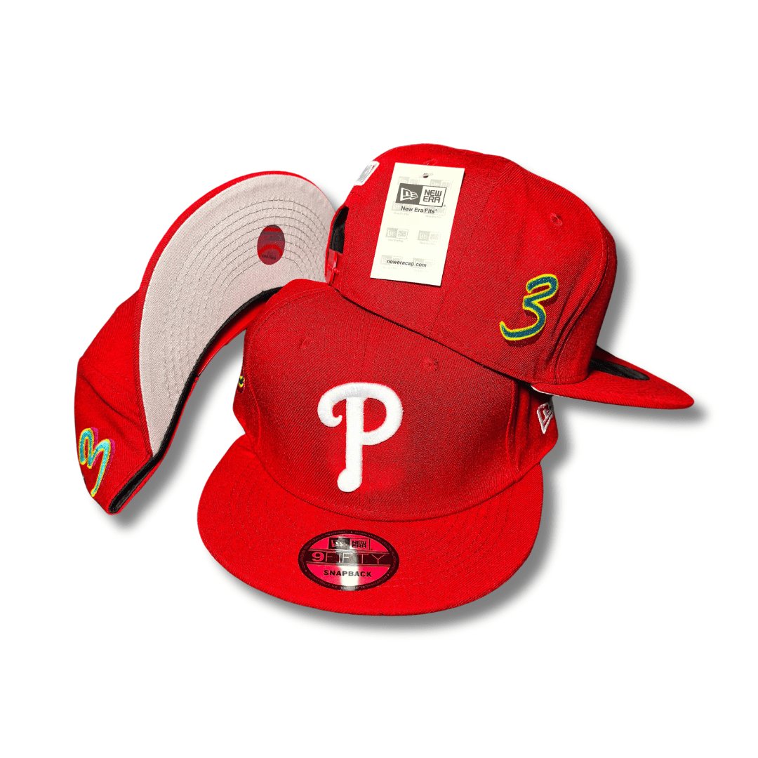 Red with Philadelphia Phillies Logo and Multicolor Number 3 Detail Snapback Cap