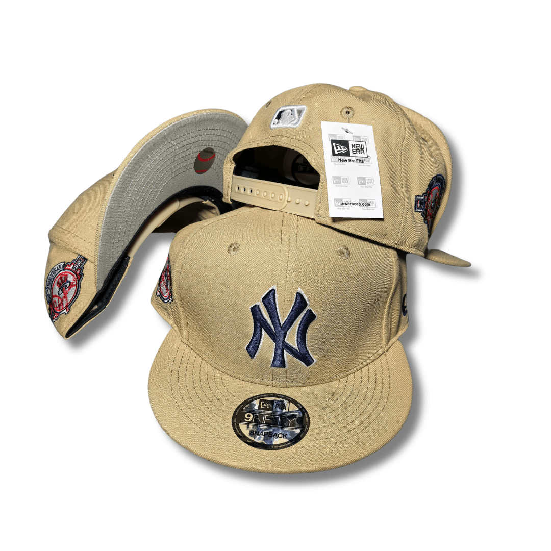 New York Yankees with Navy Embroidered Logo and Collector Side Patches Tan Snapback Cap