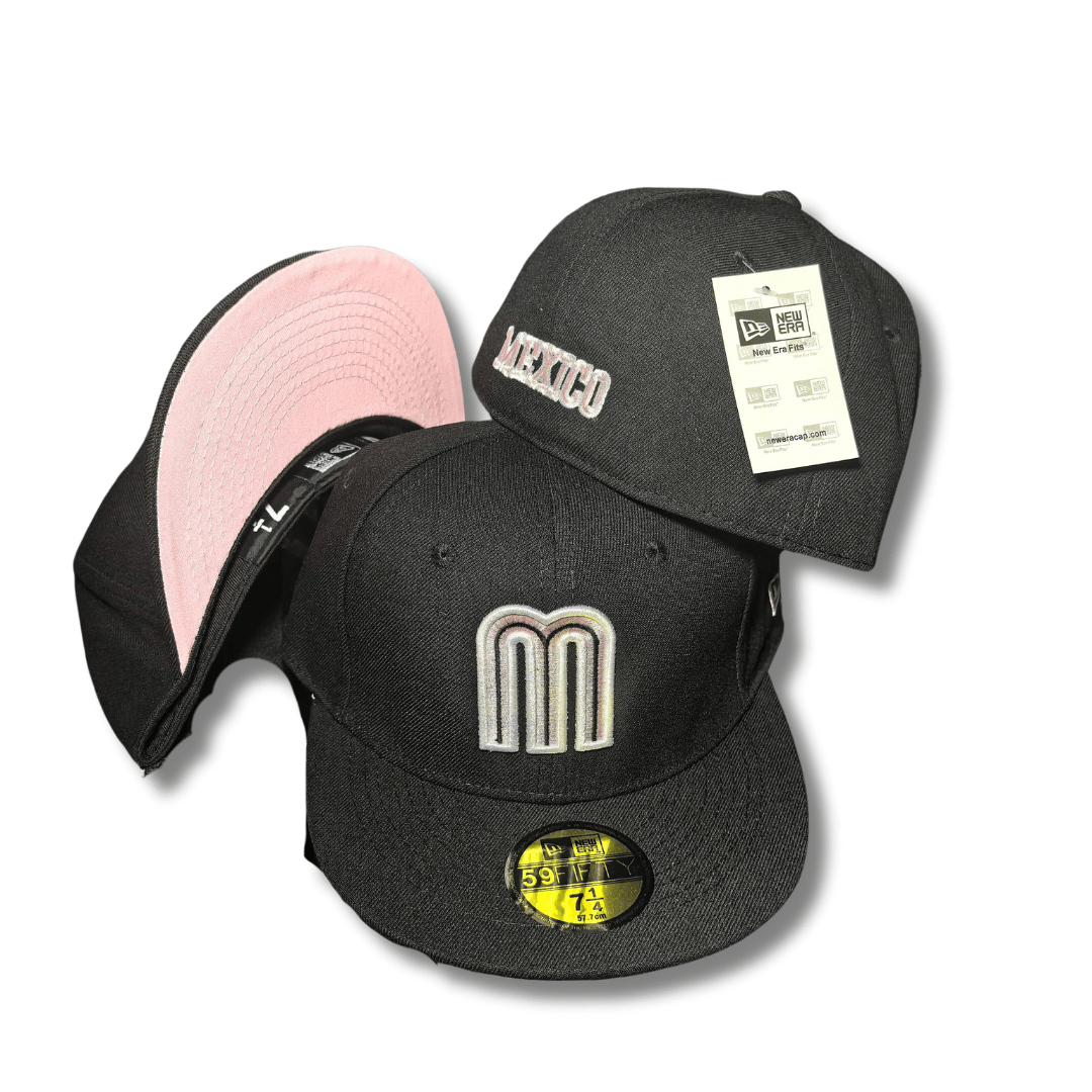 Team Mexico with Black Iridescent Front Logo and Pink Underbrim Black Fitted Cap