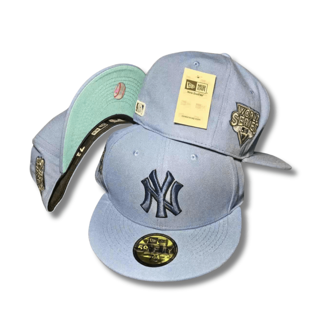 New York Yankees with World Series Patch and Mint Underbrim Light Blue Fitted Cap