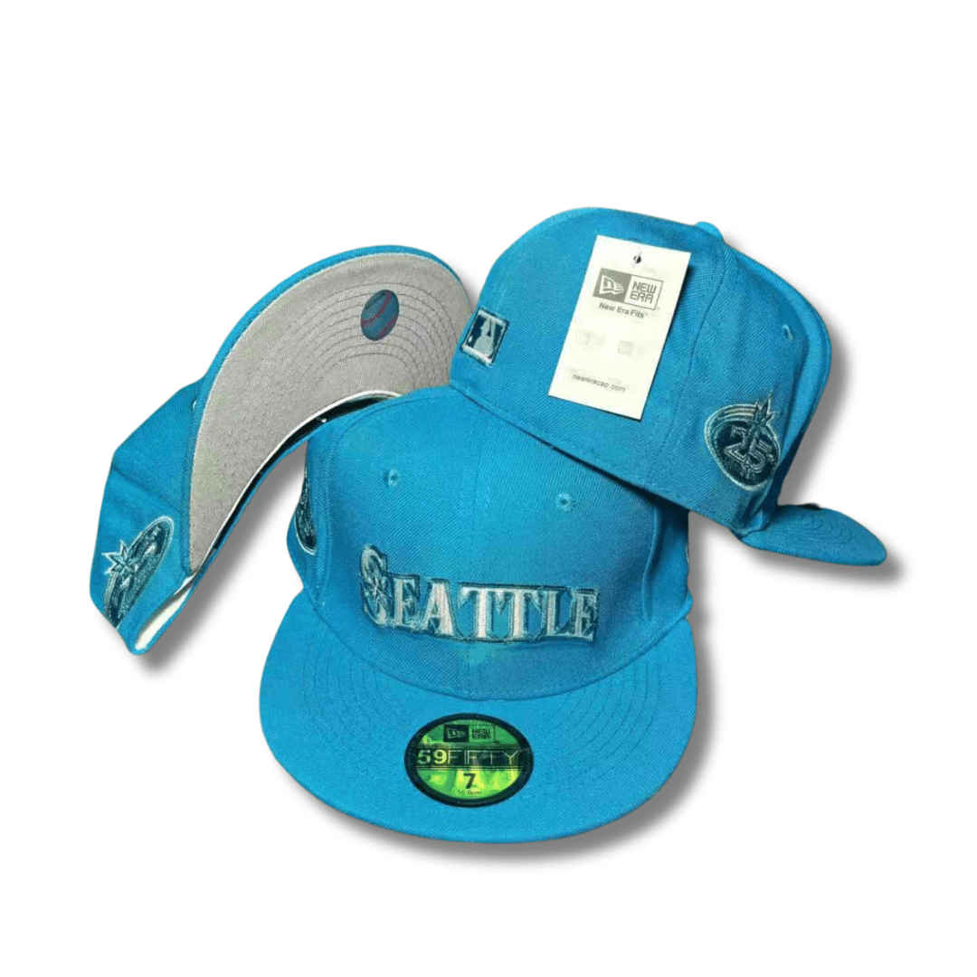 Seattle with Embroidered Script and Side Patch Teal Fitted Cap