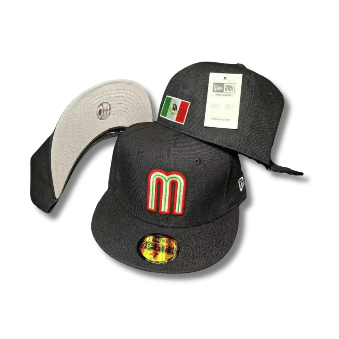 Team Mexico with Embroidered Logo and Mexican Flag Patch Black Fitted Cap