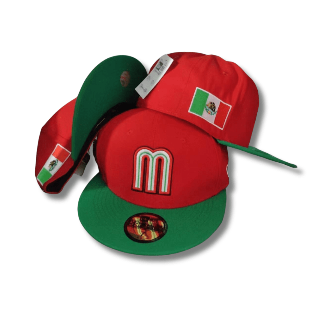 Team Mexico Red and Green with Mexican Flag Embroidery Fitted Cap