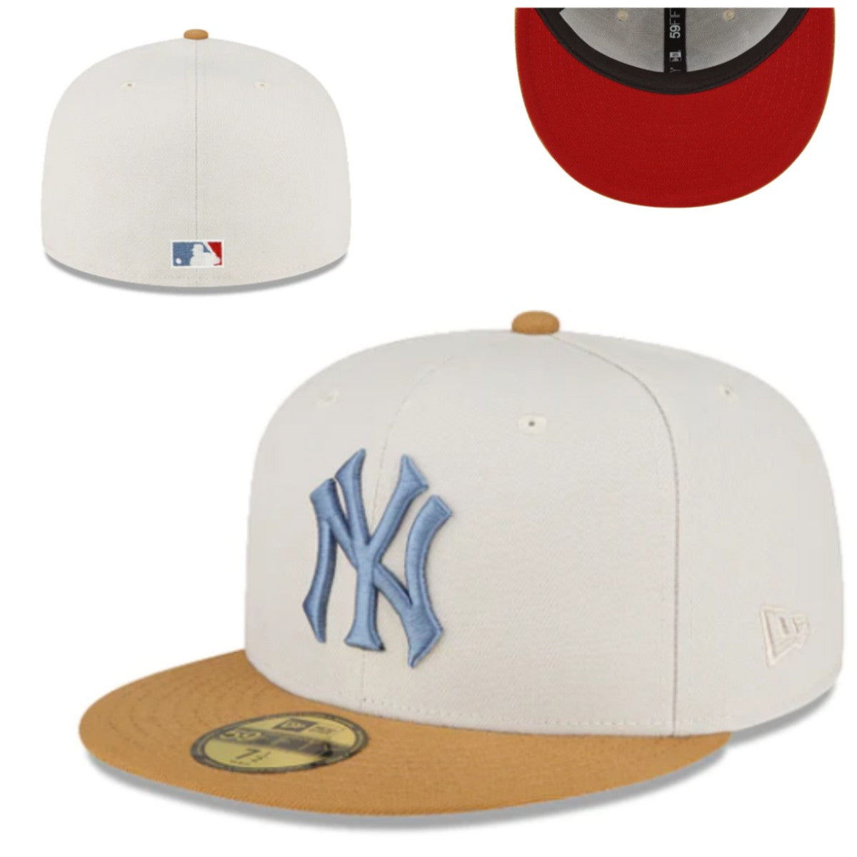 New York Yankees Fitted Hat - Cream with Tan Brim, Blue Logo, and Red Undervisor