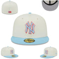 New York Yankees Fitted Hat - Cream with Light Blue Brim and Red Outlined Logo