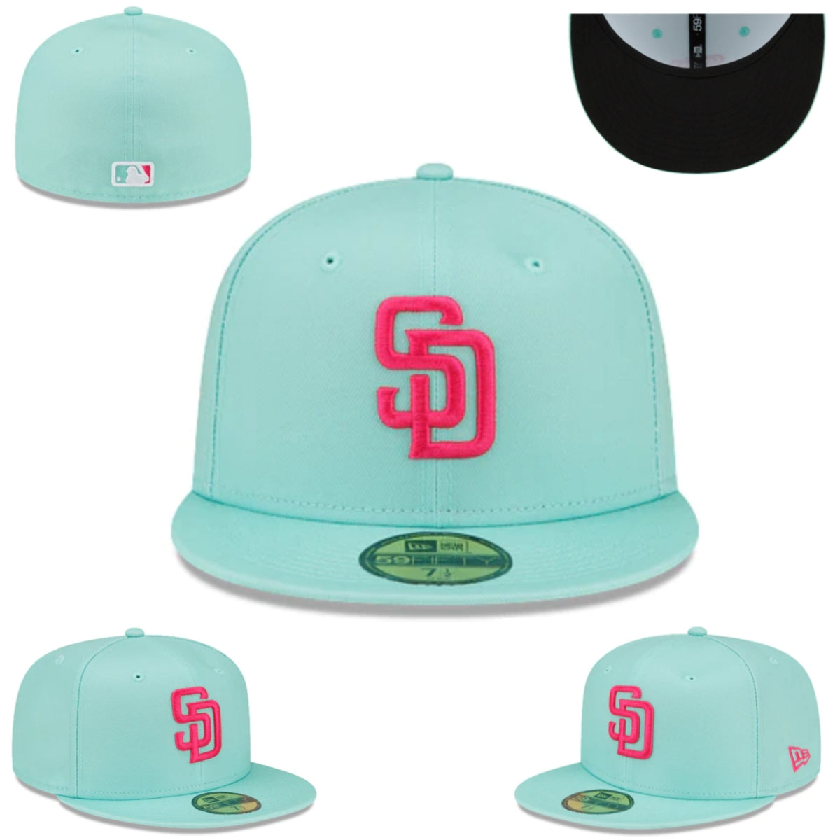San Diego Padres Fitted Hat - Aqua with Pink Logo and Black Undervisor