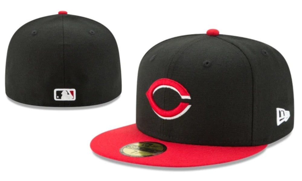 Cincinnati Reds Fitted Hat with Red Visor - Black and Red