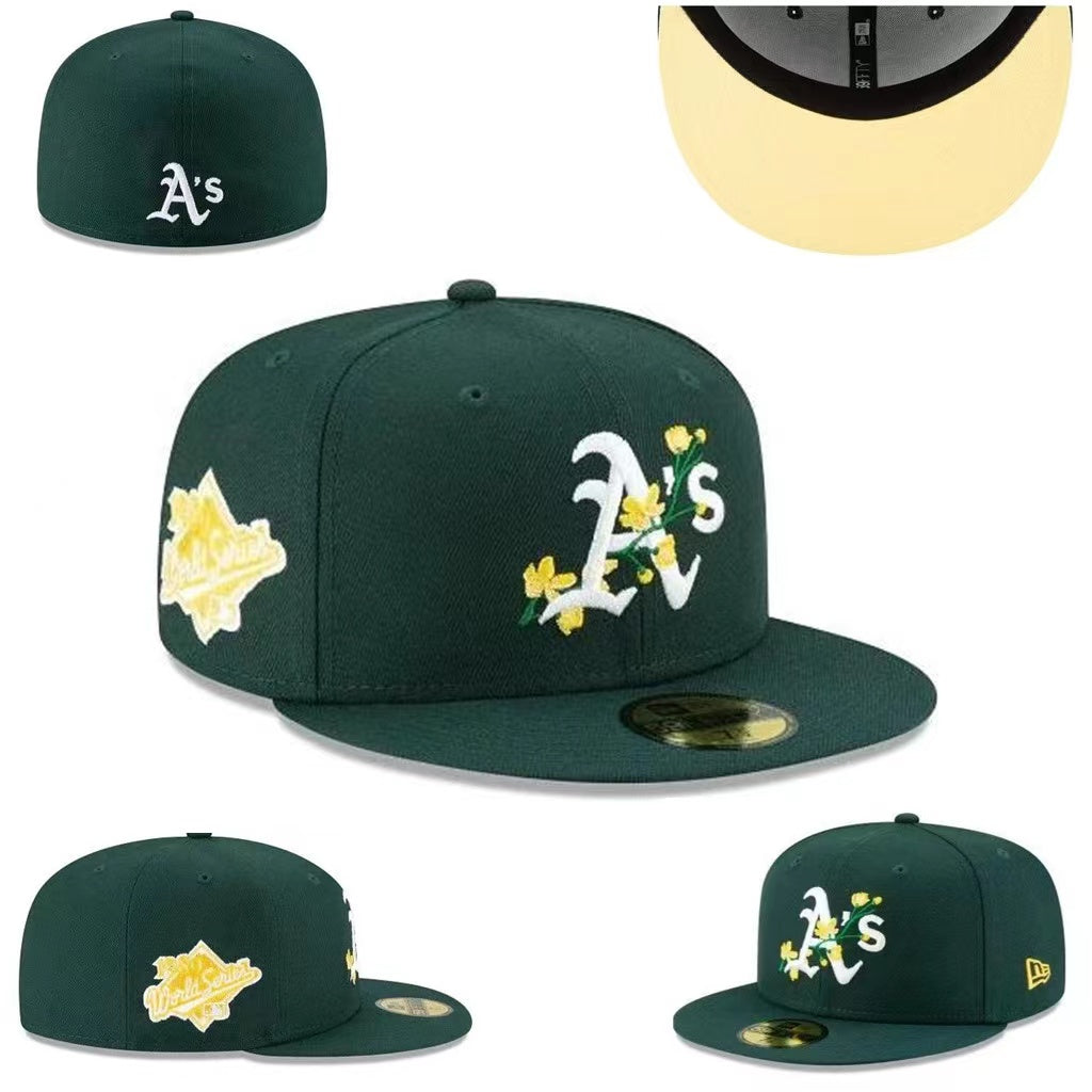 Oakland Athletics Floral-Embroidered World Series Hat with Yellow Undervisor - Forest Green