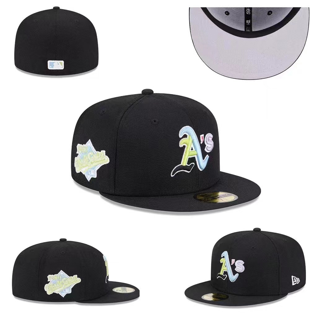 Oakland Athletics Custom Fitted Hat with Pastel Multicolor Logo and Gray Underbrim - Black