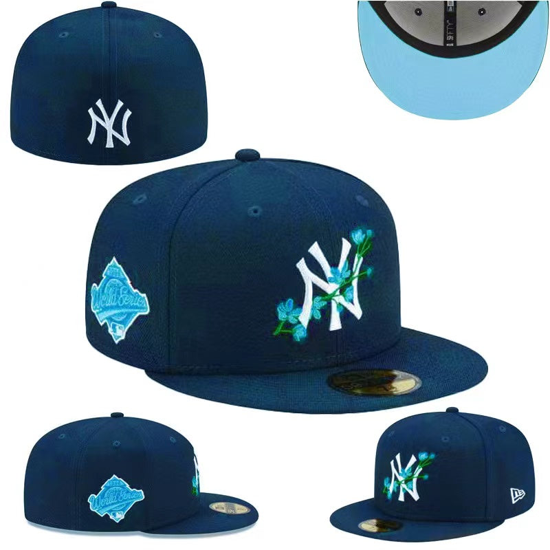 New York Yankees World Series Floral Embroidered Fitted Hat with Blue Underbrim - Navy