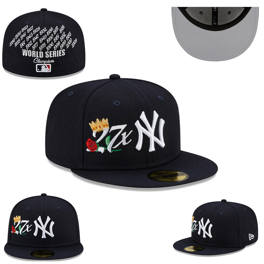 New York Yankees 27-Time World Series Champions Fitted Cap - Navy with Embroidered Details