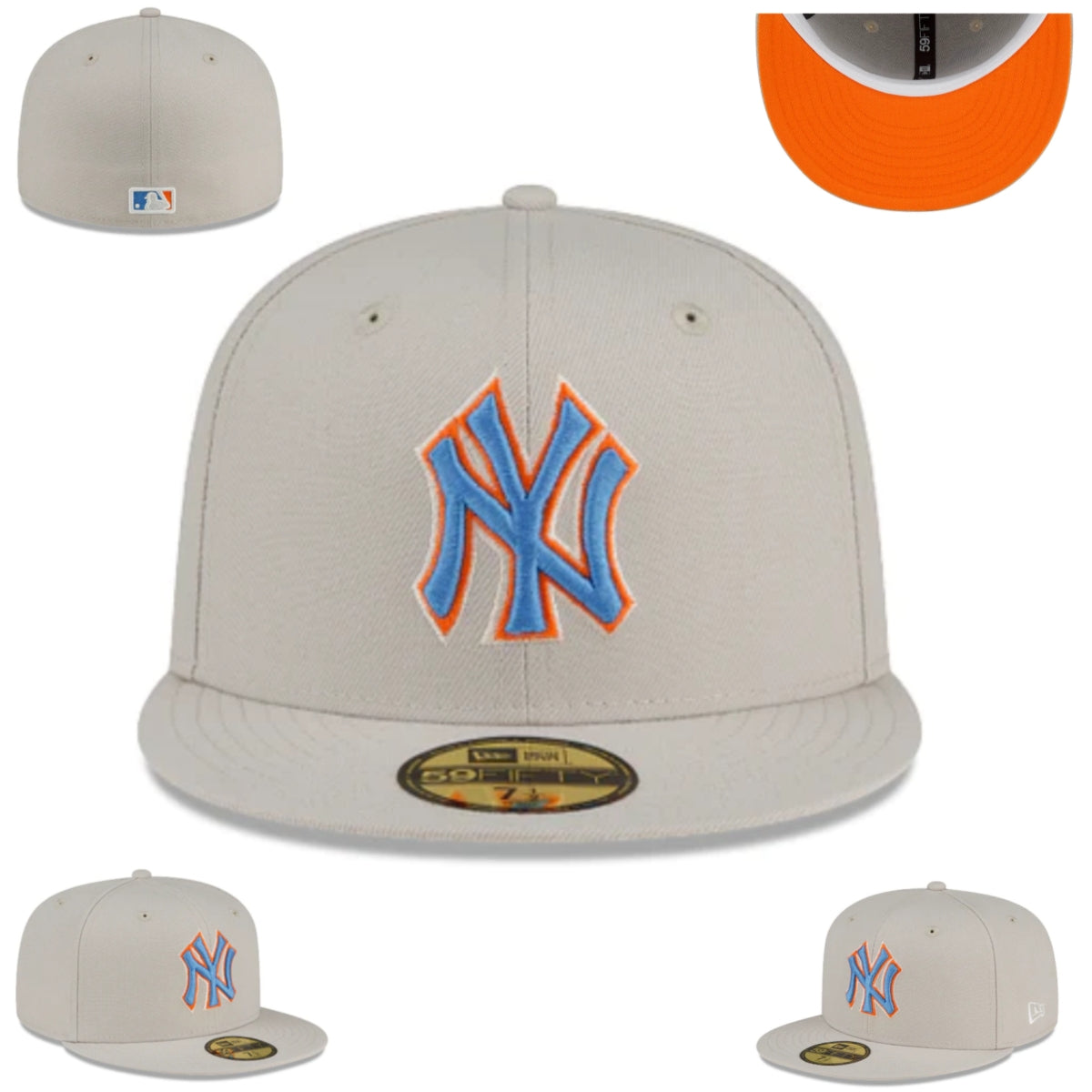 New York Yankees Snapback Hat with Blue and Orange Embroidered Logo - Beige