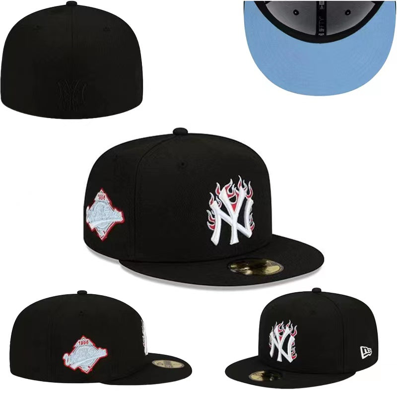 New York Yankees 59FIFTY Hat with Flame Embroidery and 1996 World Series Patch - Black