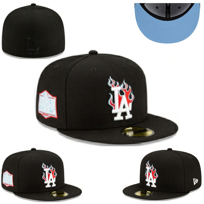 Los Angeles Dodgers "Flaming Logo" Black Fitted Cap with World Series Side Patch