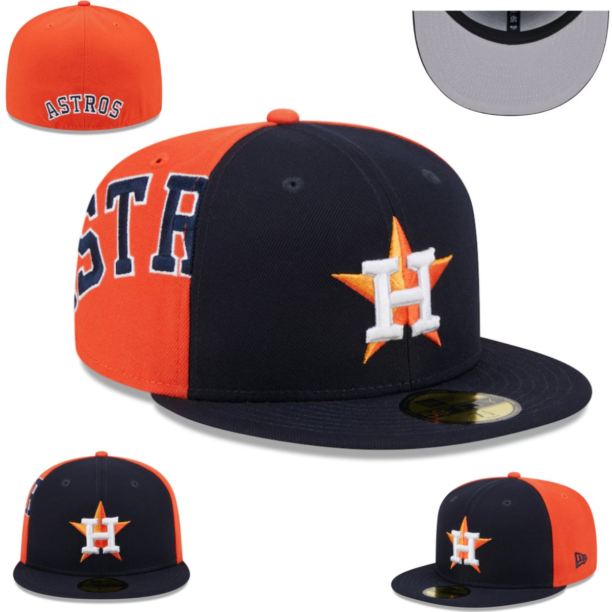 Houston Astros Navy and Orange Split Fitted Cap - Embroidered Logo