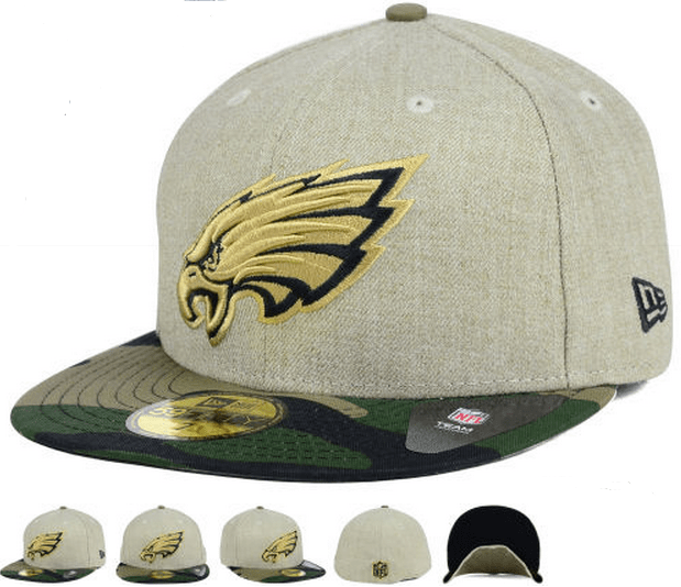 Philadelphia Eagles Fitted Hat with Gold Logo and Camouflage Brim - Khaki and Camo