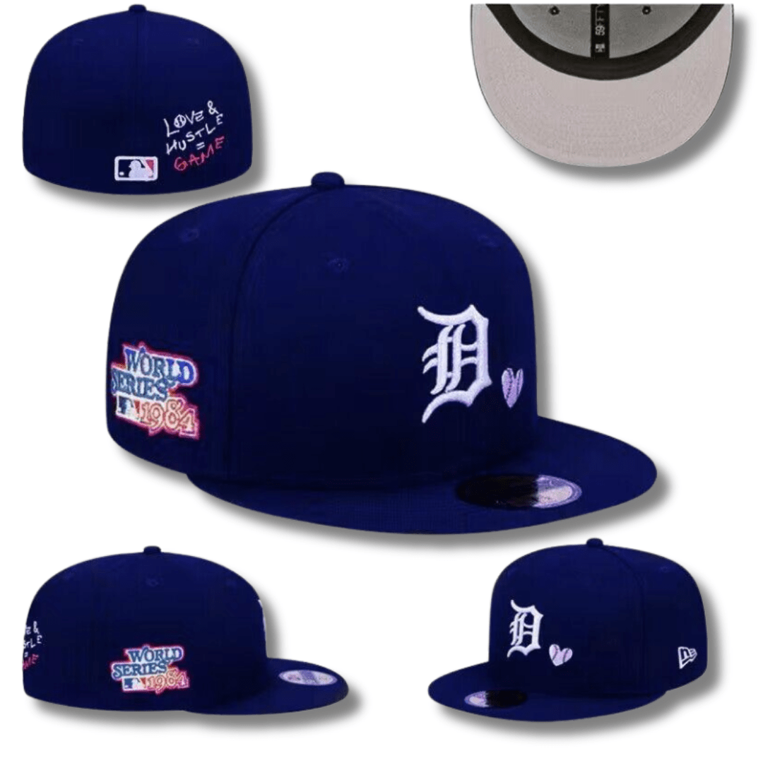 Detroit Tigers World Series Fitted Hat with Embroidered Logo and Side Patches - Navy Blue