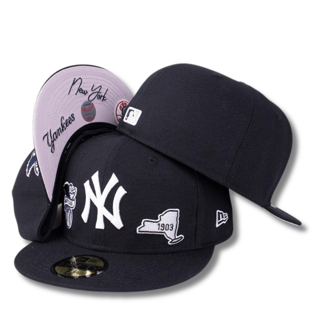 New York Yankees Fitted Hat with Embroidered Logo and Side Patches - Black
