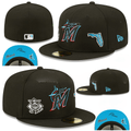 Miami Marlins Fitted Hat with Side Patches and Aqua Blue Undervisor - Black