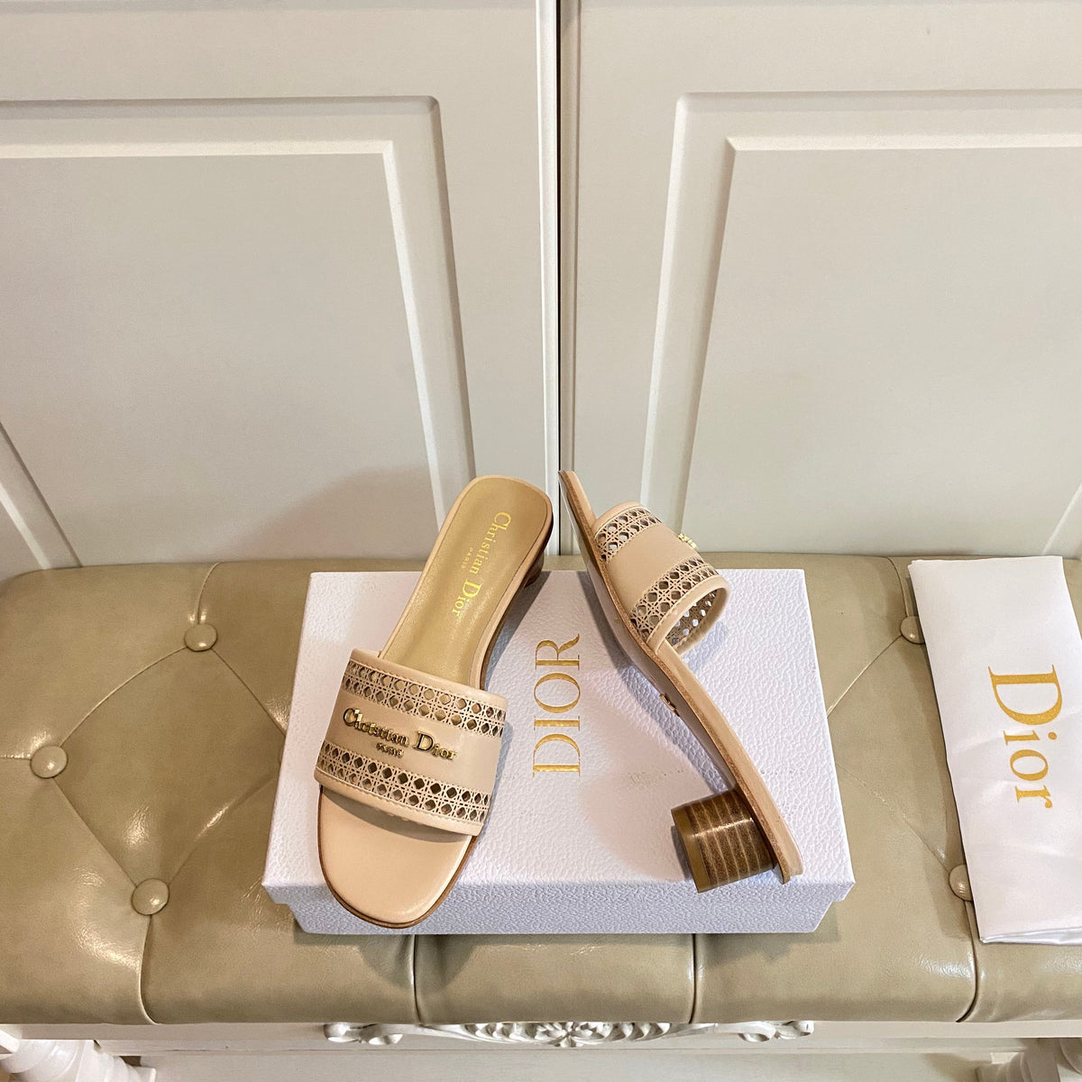 DIOR DWAY HEELED SLIDE IN CAMEL BEIGE CALFSKIN WITH GOLD LOGO