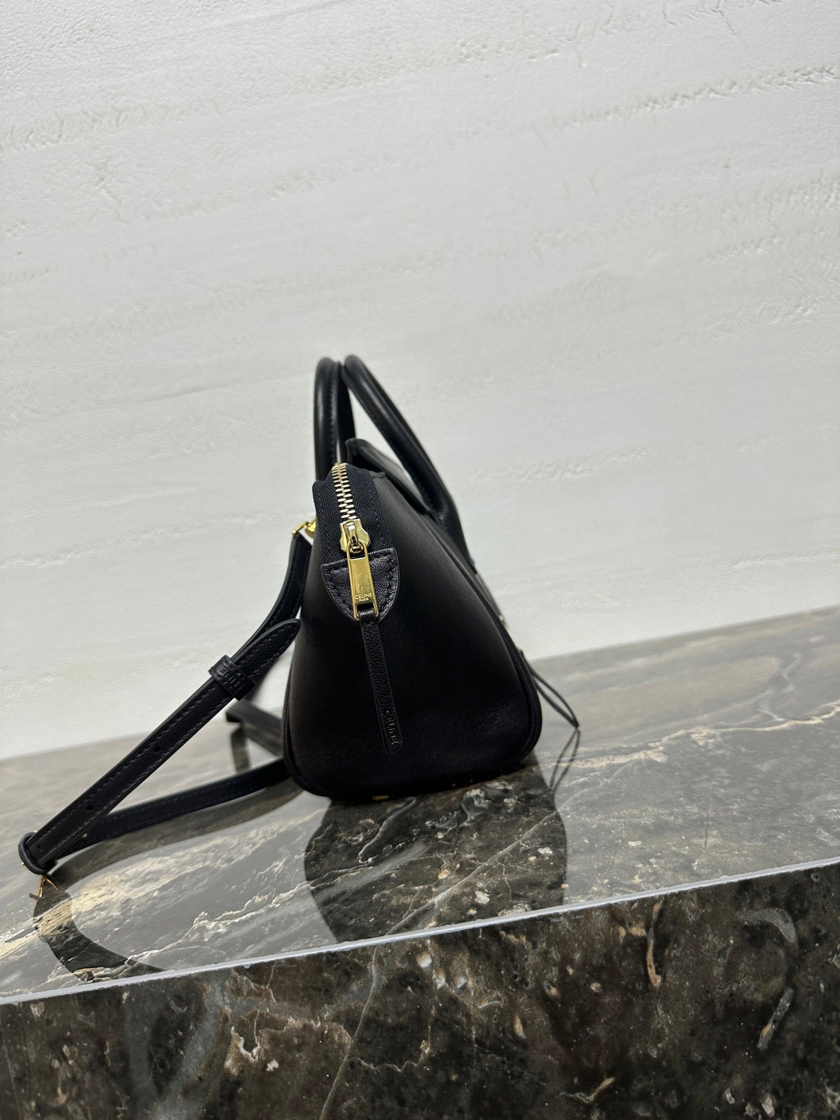 CELINE 25S NEW LUGGAGE 38MM IN BLACK SHINY LAMBSKIN GOLD HARDWARE