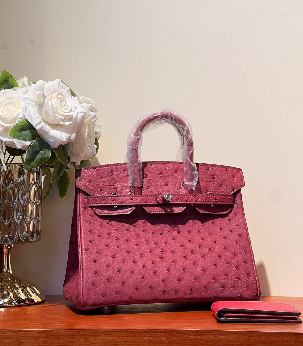 HERMES KELLY SELLIER 25 BAG IN CURRANT RED OSTRICH LEATHER WITH SILVER HARDWARE