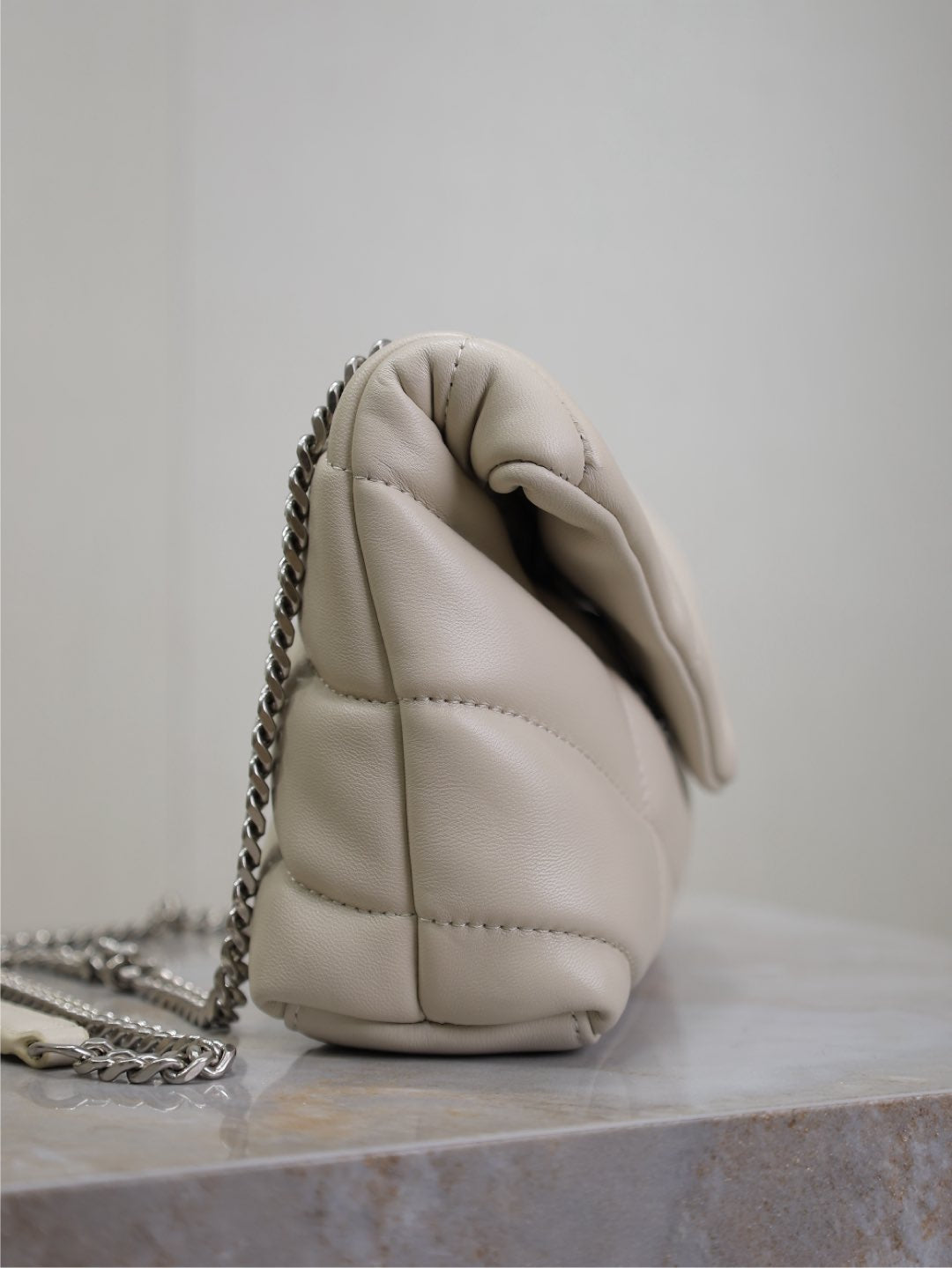 YSL 25S LOULOU PUFFER MINI 23 IN SMOKEY TAUPE CALFSKIN SILVER HARDWRE