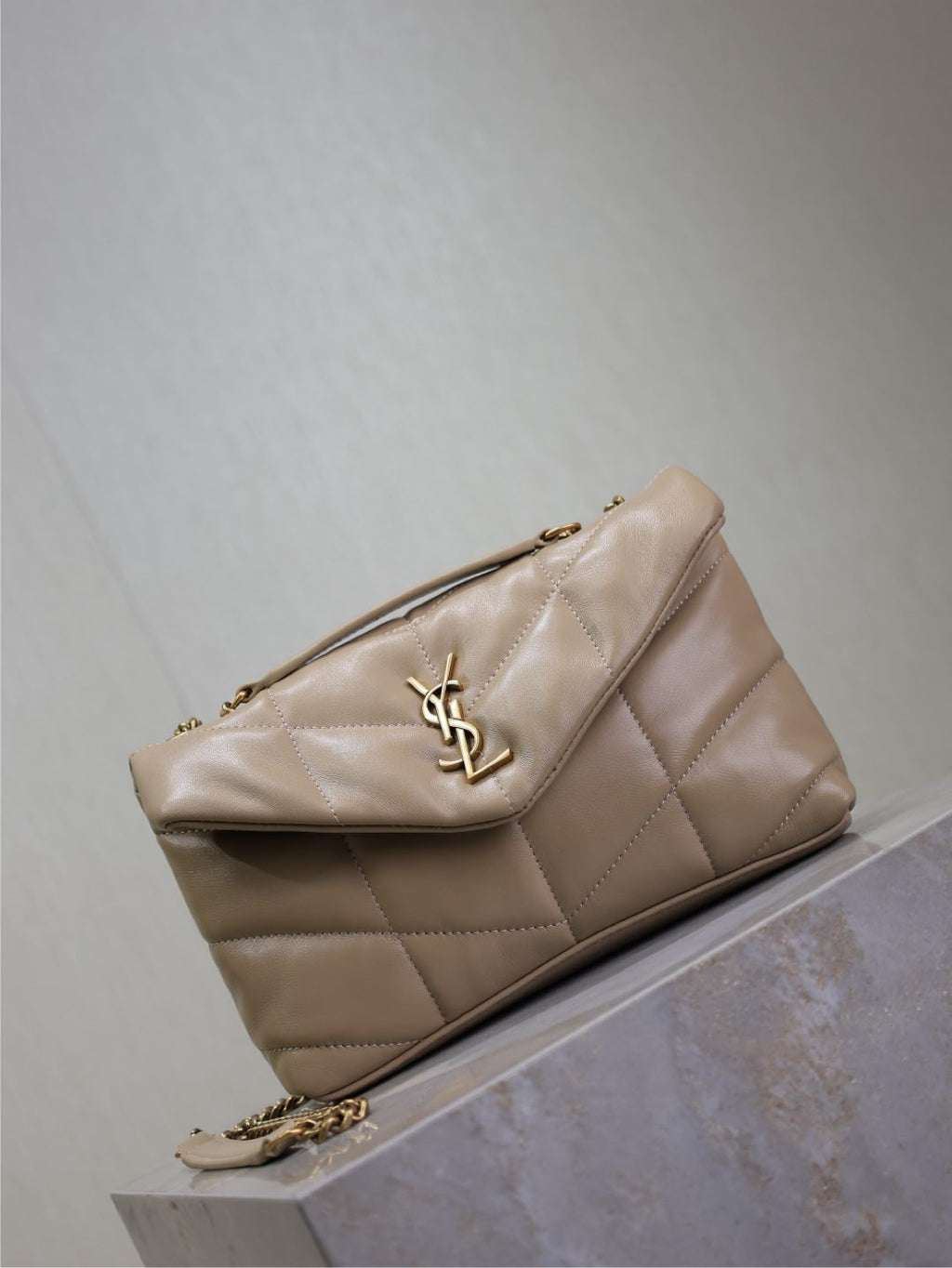 YSL 25S LOULOU PUFFER MINI 23 IN BROWN CALFSKIN GOLD HARDWARE